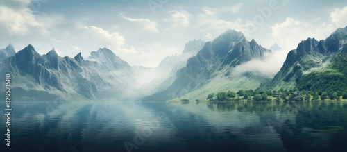 Mountain landscapes set against a water backdrop providing a scenic view for a copy space image photo