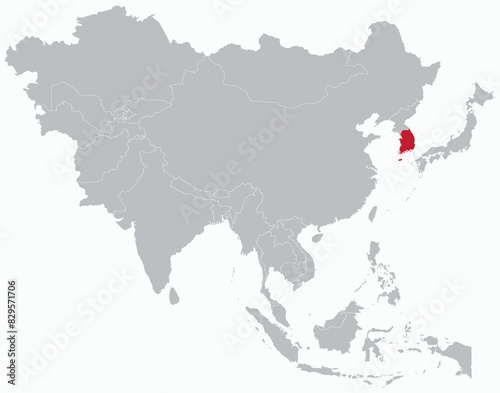 Highlighted red map of SOUTH KOREA inside grey detailed blank political map of Asia on light blue background, without the Middle East and Russia