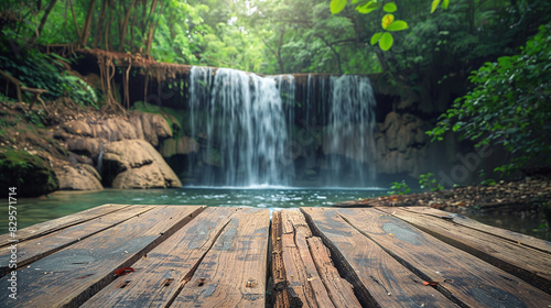 Image of a product display stand and a backdrop of a waterfall in the rainforest for displaying natural products. Ai generate.