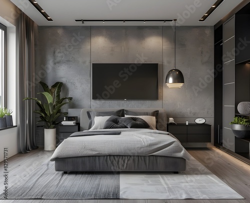 3D rendering of a modern bedroom interior design with a bed