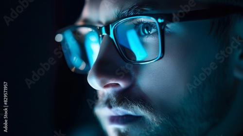 A man is wearing blue glasses and looking at a computer screen