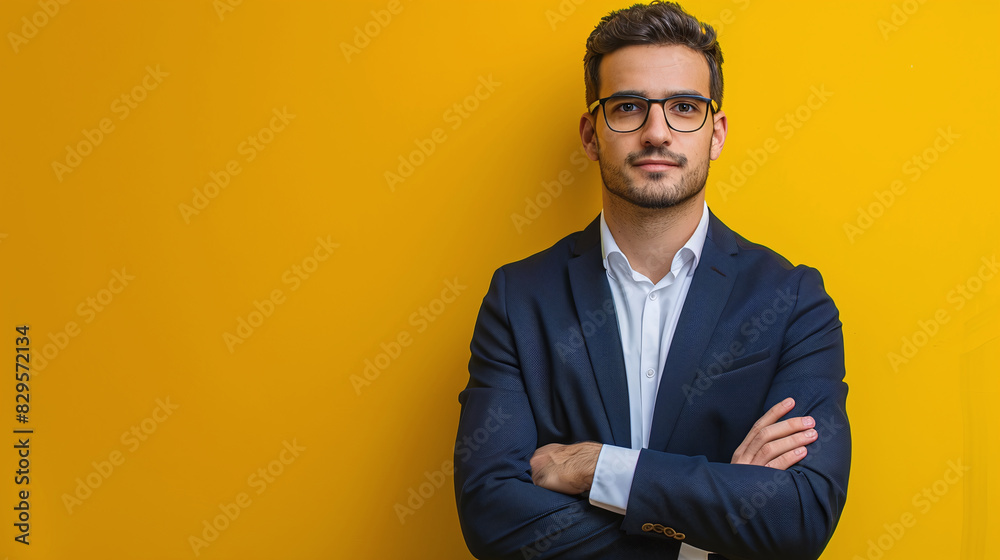 isolate image of a male businessman stands with his arms crossed and his face is dark and the background is yellow. Ai generate. isolate image of a male businessman stands with his arms crossed and his face is dark and the background is yellow. Ai generate.