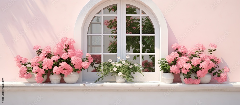 Window embellished with beautiful fresh flowers creating a charming display in front of a copy space image