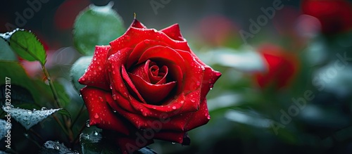 Fototapeta Naklejka Na Ścianę i Meble -  Macro shot of a red rose in a garden bush with a blurred background perfect for a copy space image