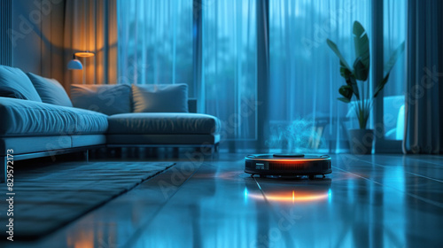 Robotic vacuum cleaner in a modern living room photo