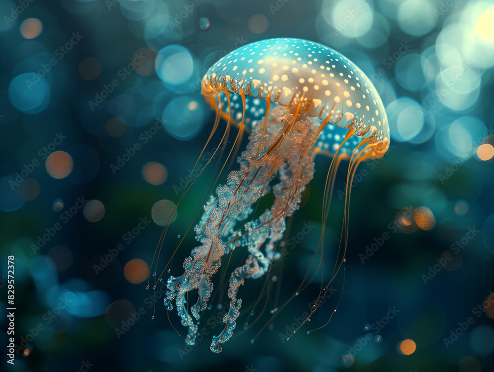 Jellyfish swims, Scyphoid jellyfish, water with bokeh Jellyfish swims, Scyphoid jellyfish, water with bokeh