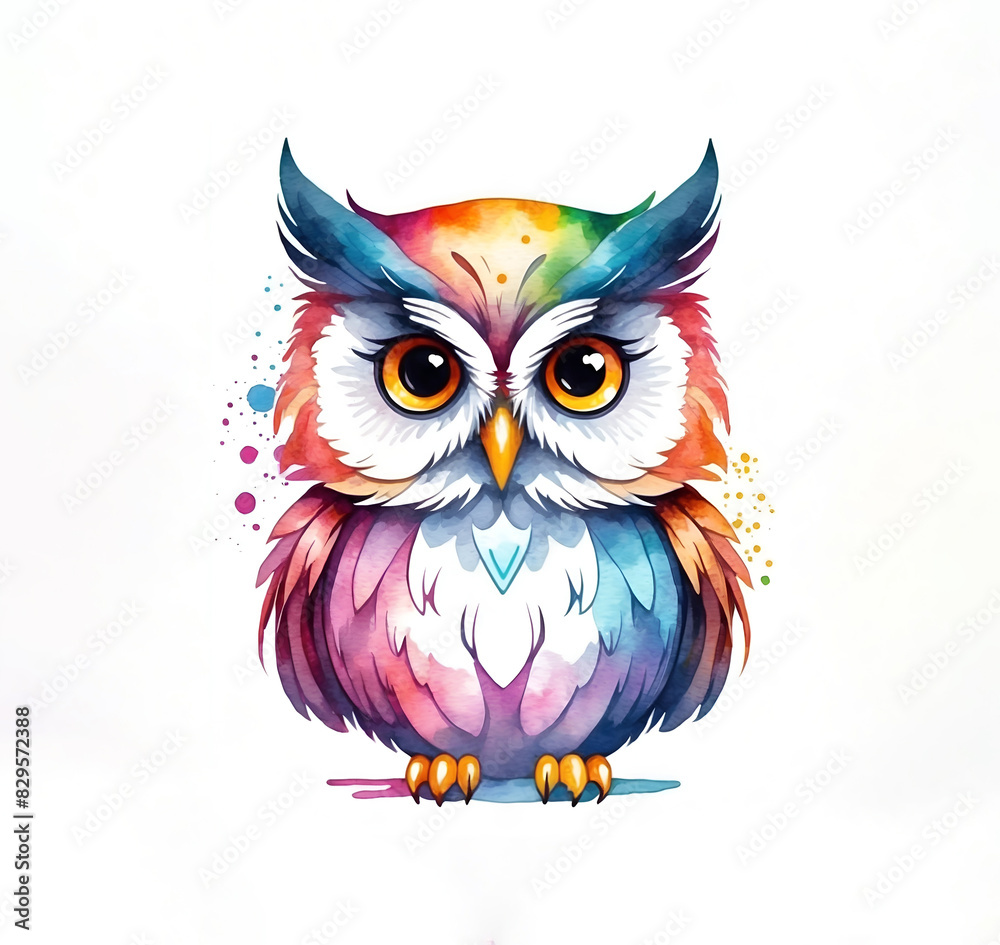 Fototapeta premium Colorful watercolor cute Owl portrait illustration on a white background