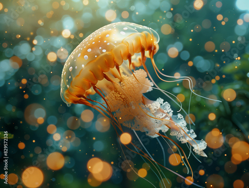 Jellyfish swims, Scyphoid jellyfish, water with bokeh  photo