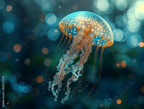 Jellyfish swims, Scyphoid jellyfish, water with bokeh  photo