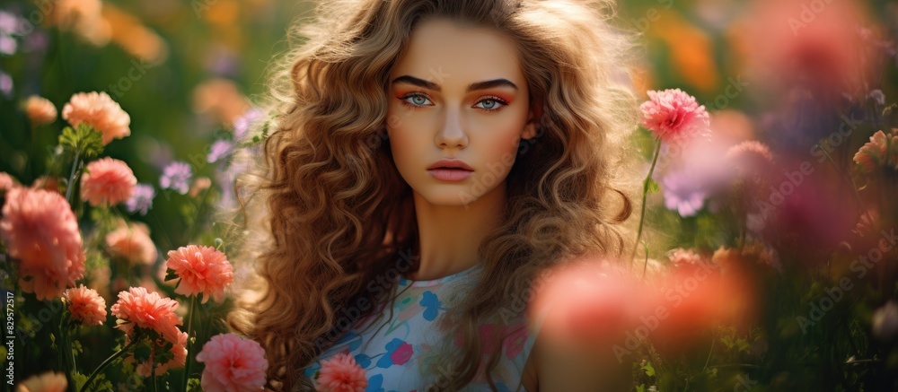 Stunning girl s portrait against a backdrop of a lush green field filled with colorful flowers perfect for a copy space image Stunning girl s portrait against a backdrop of a lush green field filled with colorful flowers perfect for a copy space image