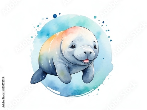 Colorful watercolor cute Manatee illustration on a white background
