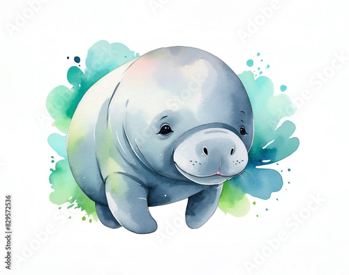 Colorful watercolor cute Manatee illustration on a white background