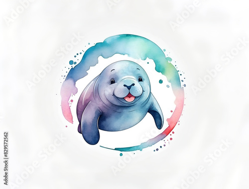 Colorful watercolor cute Manatee illustration on a white background
