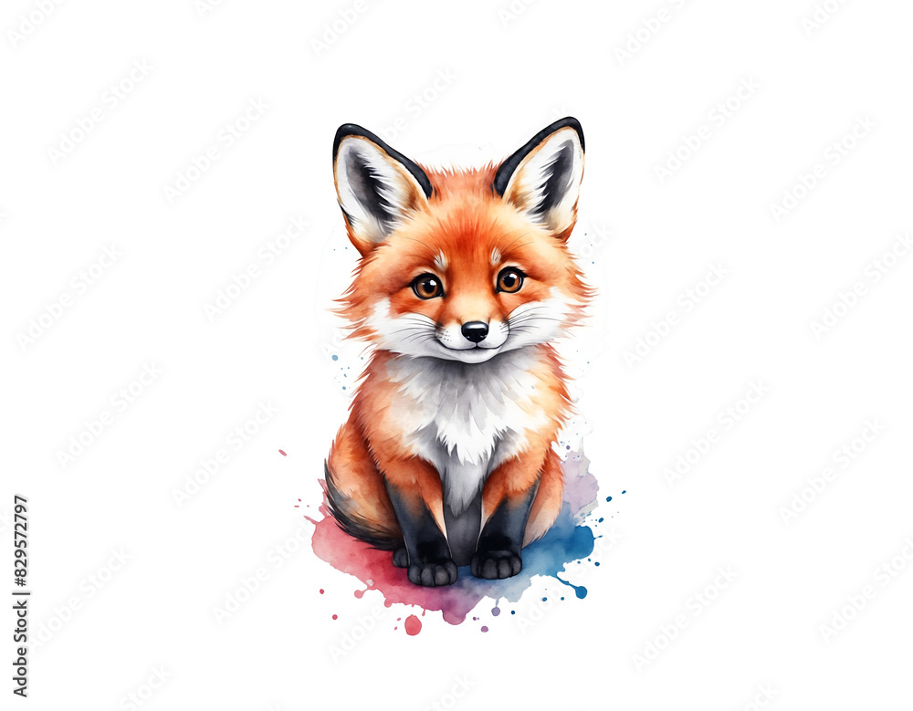 Obraz premium Colorful watercolor cute Red fox portrait illustration on a white background