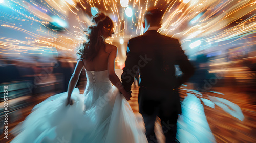 The bride and groom's grand entrance into the reception, wedding day, dynamic and dramatic compositions, blurred background, with copy space