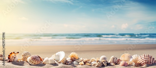Background with a collection of shells on the beach providing a serene setting with copy space image included