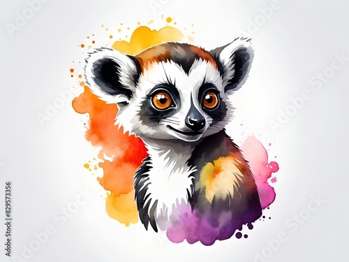 Colorful watercolor cute Lemur illustration on a white background	