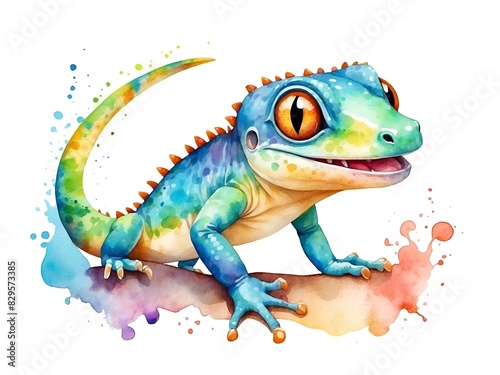 Colorful watercolor cute Gecko on a branch tree illustration on a white background