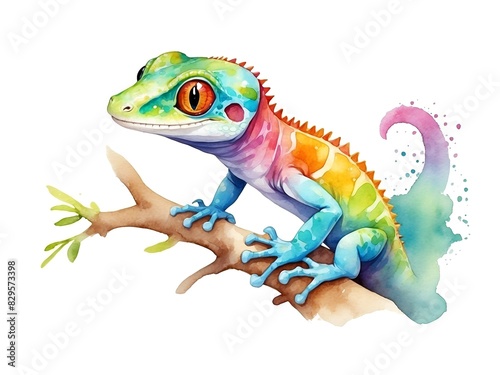 Colorful watercolor cute Gecko on a branch tree illustration on a white background