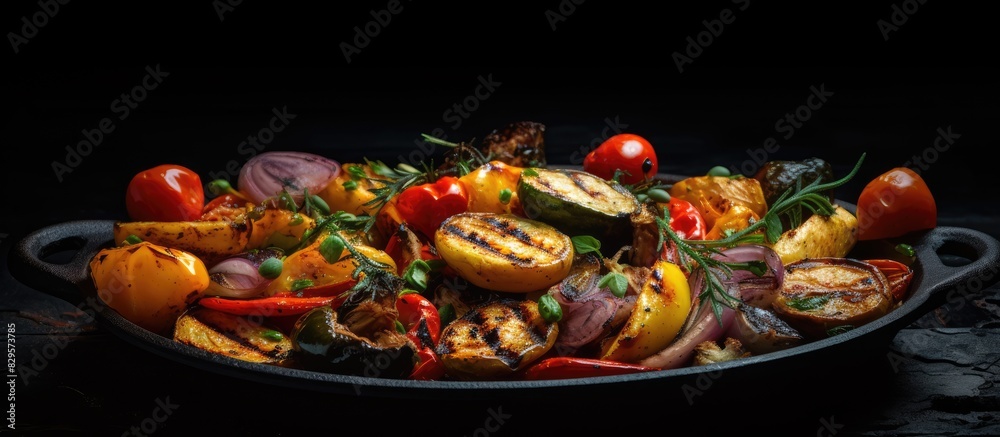 Grilled vegetables with seasonings in a pan on a black rustic backdrop with copy space image available Grilled vegetables with seasonings in a pan on a black rustic backdrop with copy space image available
