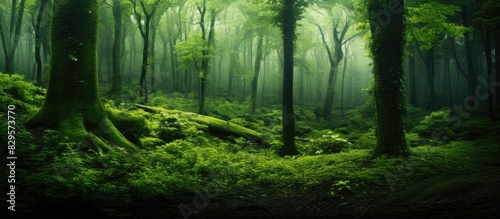 Lush green forest setting with a mysterious ambiance ideal as a background for images with empty space for additional content