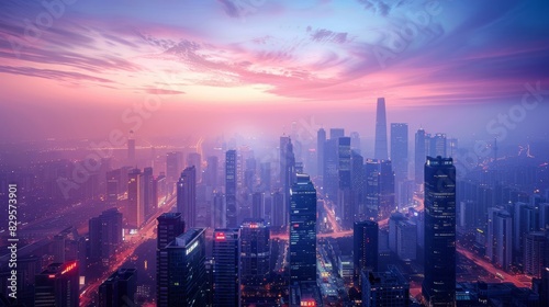 A panoramic view of a city skyline with skyscrapers illuminated by the glow of twilight