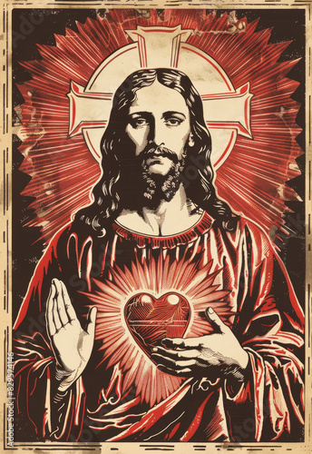 The sacred heart of jesus christ, risograph illustration.