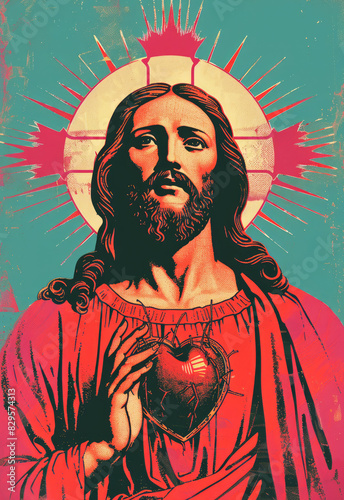 The sacred heart of jesus christ, risograph illustration.