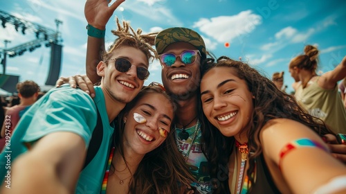 Friends enjoying a music festival, festival experience with friends. Group selfie at a concert, festival memories captured in a photo.