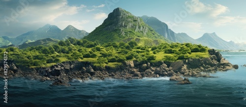 Scenic view of a wild lush green island with rocky terrain in the sea ideal for a copy space image photo
