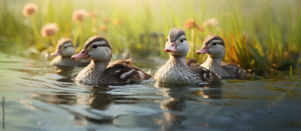 Musk ducks gather in the water on a farm creating a picturesque scene with a blank space for adding a photograph. Copy space image. Place for adding text and design Musk ducks gather in the water on a farm creating a picturesque scene with a blank space for adding a photograph. Copy space image. Place for adding text and design