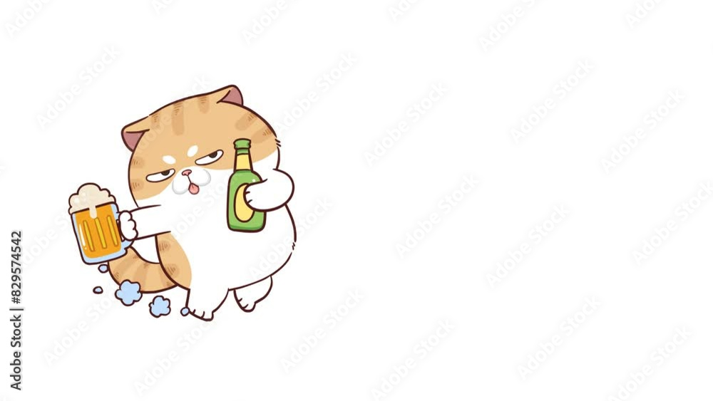 Animated Funny Cat Running Holding Beer - White Background Animated Funny Cat Running Holding Beer - White Background