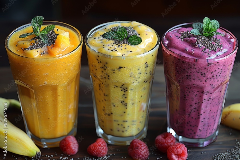 Chia Seed Smoothie - Any color base with visible chia seeds and fruit garnish