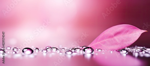 A droplet of water glistens on a leaf against a pink bokeh background in this captivating copy space image