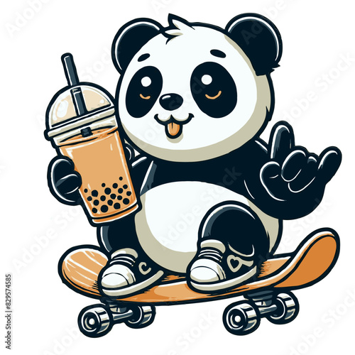 Cute Panda Drinking Boba Milk Tea Cartoon Vector Icon Illustration Animal Food Icon Concept Isolated Premium Vector. Flat Cartoon Style