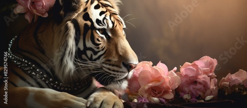 Image of a regal tiger and elegant flower queen with copy space image