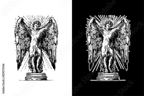 a guardian angel, hand drawn woodcut engraving style vintage antique vector illustration