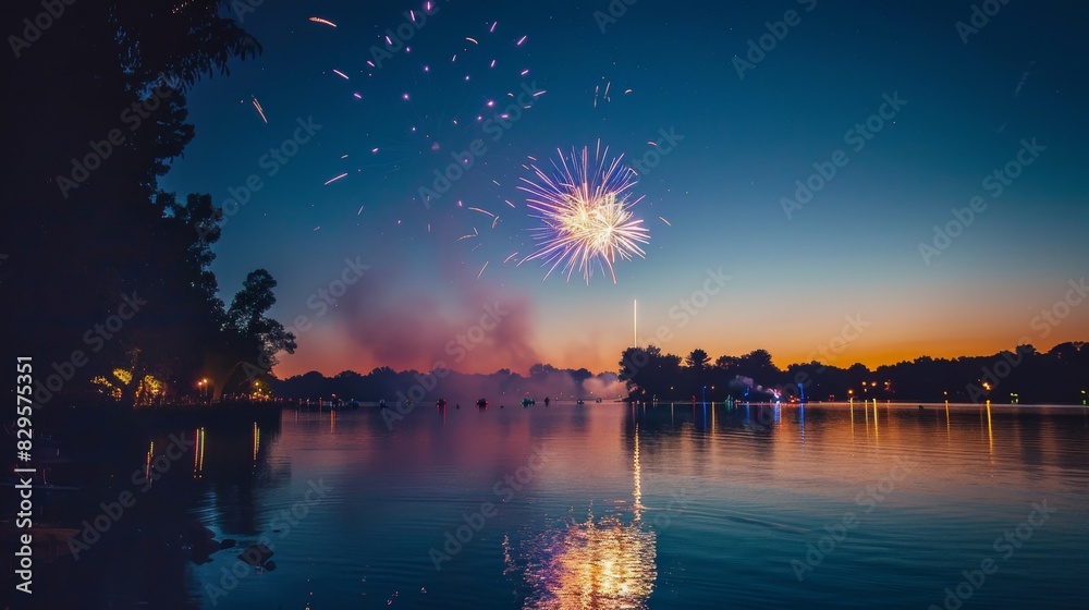 Breathtaking fireworks display over calm lake at night. Spectacular fireworks illuminating the night sky with silhouetted scene.