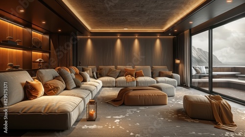 Modern blank style home theater with comfortable seating soundproof walls and minimalist decor