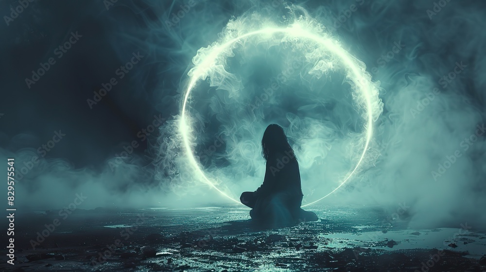 A peaceful figure kneeling in a circle of light. A peaceful figure kneeling in a circle of light.