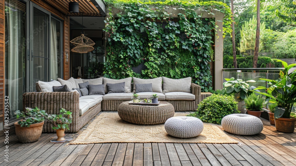 Blank inspired outdoor patio with sleek furniture clean lines and subtle greenery