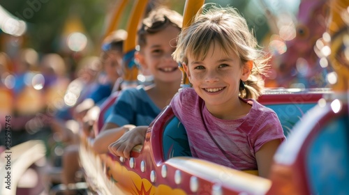 Thrilling family fun at an amusement park, joyful expressions. Excitement and laughter at an amusement park with kids.