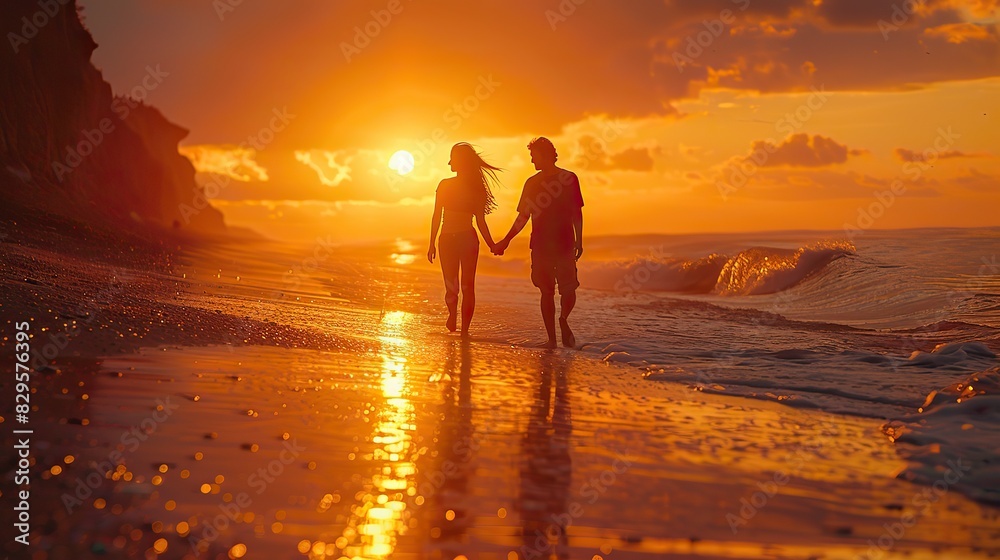 Fototapeta premium couple walking on the beach at sunset