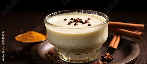 Spiced buttermilk also called Chaas or Taak is a traditional Indian summer beverage with a selective focus on a blank area for text or graphics known as a copy space image