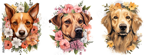 Watercolor dog cliparts with flowers print 