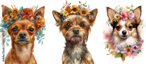 Watercolor dog cliparts with flowers print
 photo