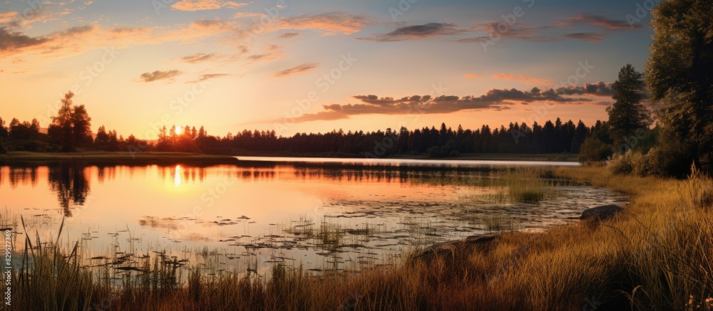 Sunset reflecting in a yard s lake providing a serene copy space image Sunset reflecting in a yard s lake providing a serene copy space image