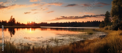 Fototapeta Naklejka Na Ścianę i Meble -  Sunset reflecting in a yard s lake providing a serene copy space image