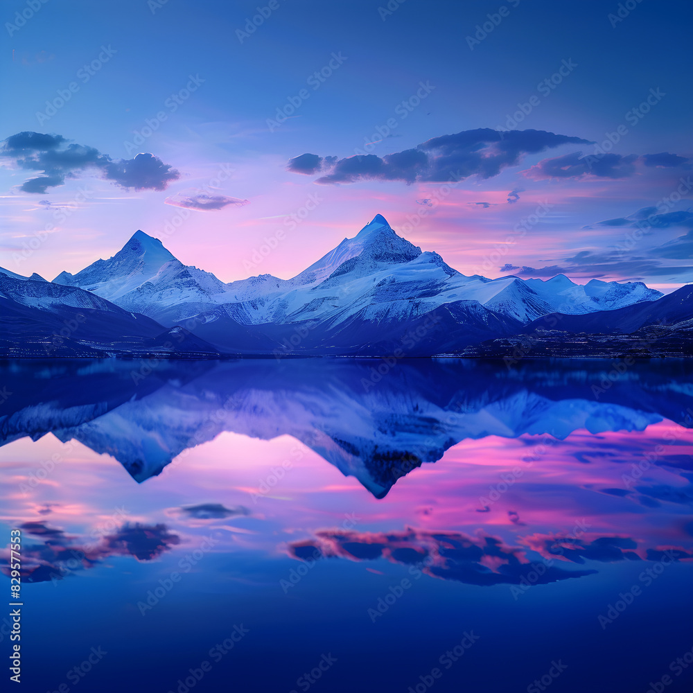 Twilight Reflections: Majestic Mountain Landscape Mirrored on a Serene Lake at Dusk