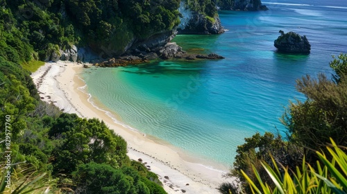 Secluded beach paradise with white sand and turquoise water. White sand beach  turquoise lagoon  and lush green cliffs.